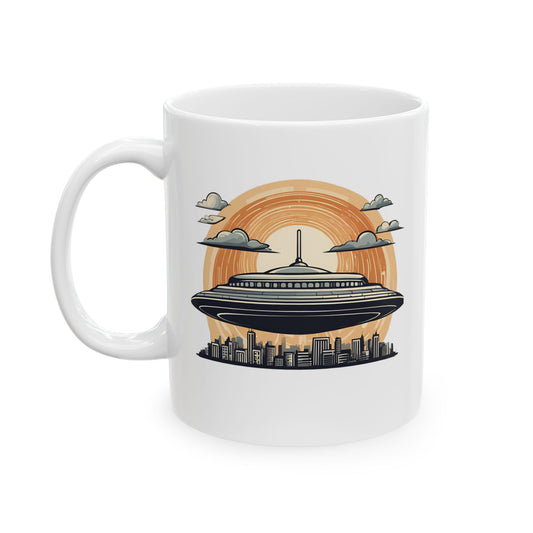 Alien UFO Over City Mug